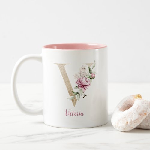 Gold Letter V Monogram v Pink Floral Gift Her Two_Tone Coffee Mug