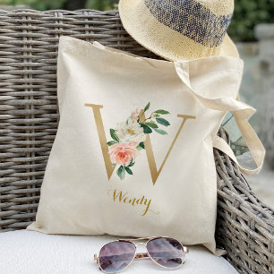 Gold Letter W and Blush Floral Personalized Tote Bag