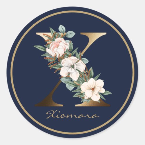 Gold Letter X Monogram White Blush Orange Floral Classic Round Sticker