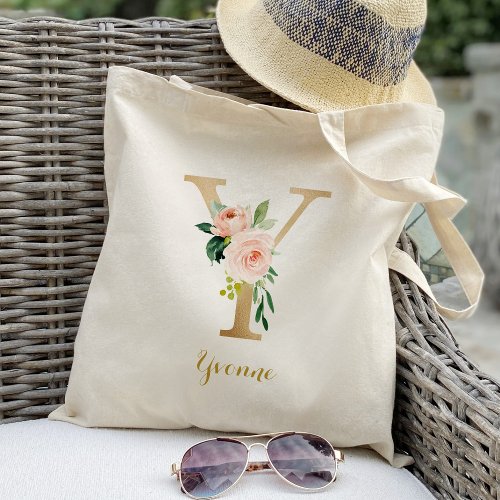 Gold Letter Y and Blush Floral Personalized Tote Bag