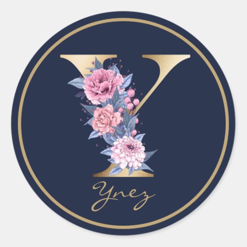 Gold Letter Y Monogram Pink Blue Floral Classic Round Sticker