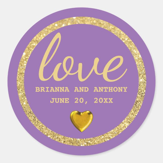 Gold Lettering on Purple Wedding Favor Stickers (Front)