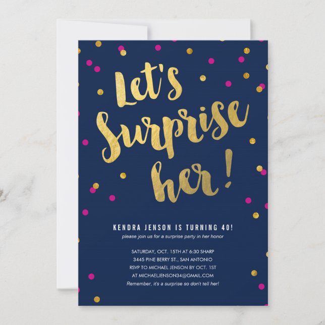 Gold Lettering Surprise Party Invitations for Her (Front)