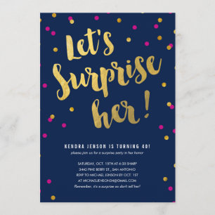 Gold Lettering Surprise Party Invitations for Her