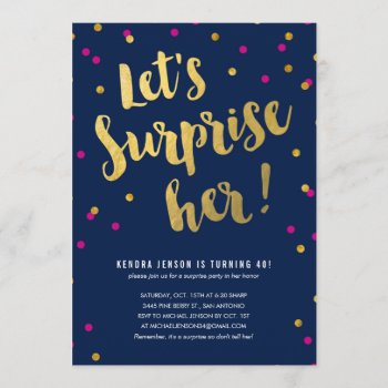 Gold Lettering Surprise Party Invitations For Her by UniqueInvites at Zazzle