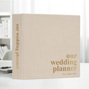 Gold Lettering Wedding Planner Elegant Beige Linen 3 Ring Binder
