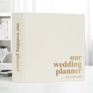 Gold Lettering Wedding Planner Elegant Cream Linen 3 Ring Binder
