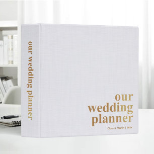 Gold Lettering Wedding Planner Elegant White Linen 3 Ring Binder