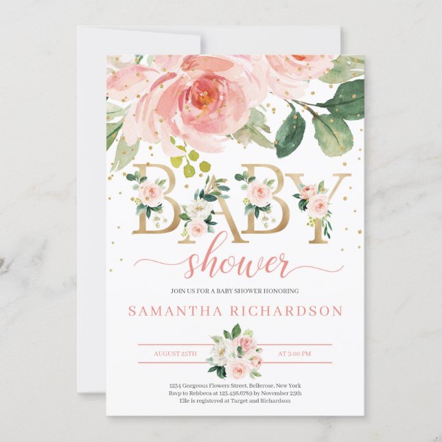 Gold Letters and Blush Floral Baby Shower Invite (Front)