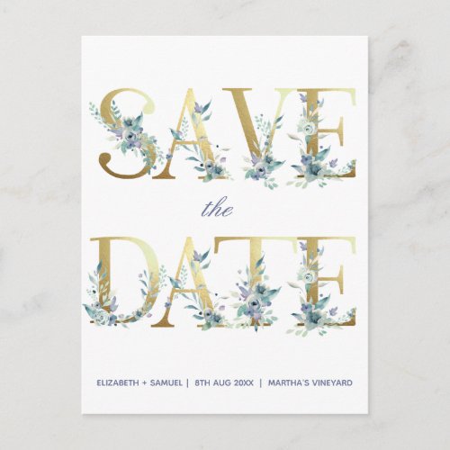 Gold Letters Blue Watercolor Flowers Announcement Postcard