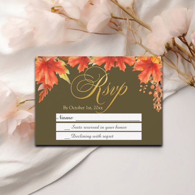 Gold Letters Fall Floral Maple Leaves Wedding RSVP (Creator Uploaded)