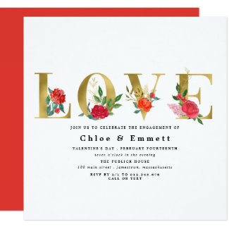 Gold Letters with Red Flowers Engagement Party Invitation