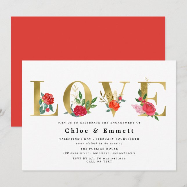 Gold Letters with Red Flowers Engagement Party Invitation (Front/Back)