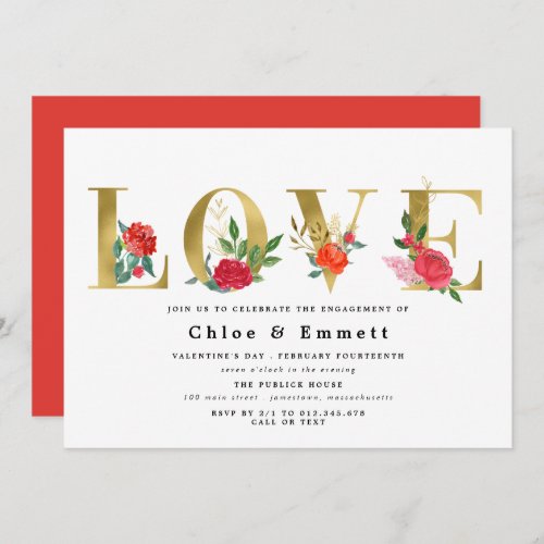 Gold Letters with Red Flowers Engagement Party Invitation