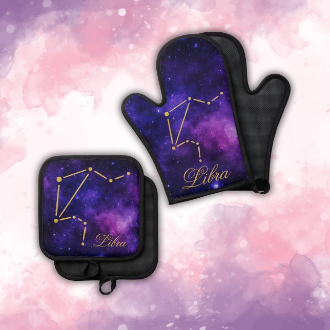 Gold Libra Constellation on Dark Galaxy | Oven Mitt & Pot Holder Set (Creator Uploaded)