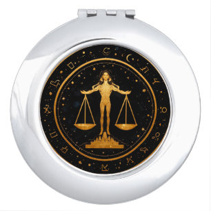 Gold Libra Zodiac Scales Compact Mirror