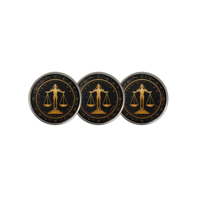 Gold Libra Zodiac Scales Golf Ball Marker (3 Up)