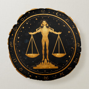 Gold Libra Zodiac Scales Round Pillow