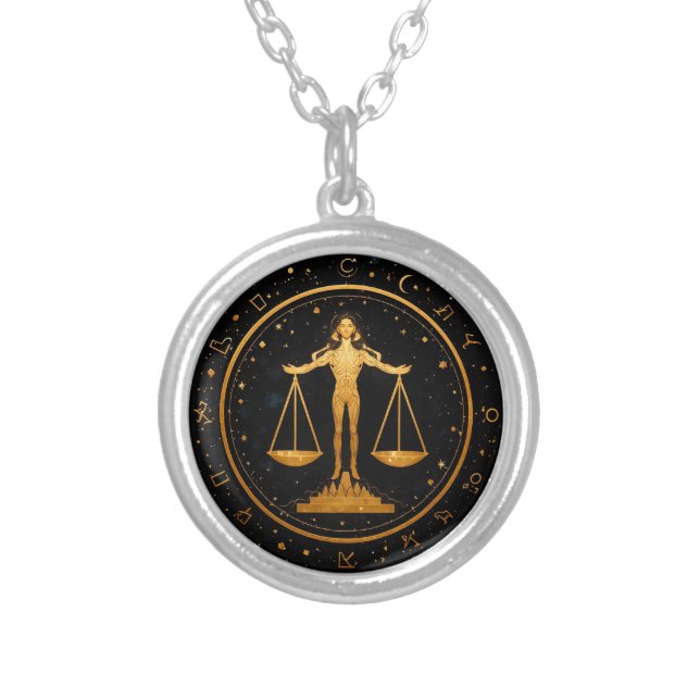 Gold Libra Zodiac Scales Silver Plated Necklace (Front)