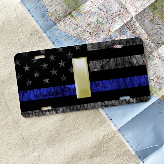 (Gold) Lieutenant Thin Blue Line Distressed Flag License Plate (In Situ)