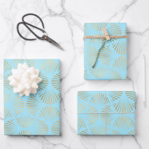 Gold & Light Blue Art Deco Pattern Wrapping Paper Sheets