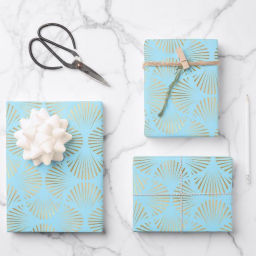 Gold  Light Blue Art Deco Pattern Wrapping Paper Sheets