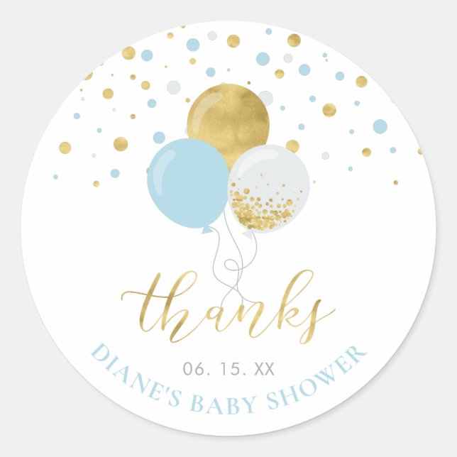 Gold & Light Blue Balloons | Party Favor Thank you Classic Round Sticker (Front)