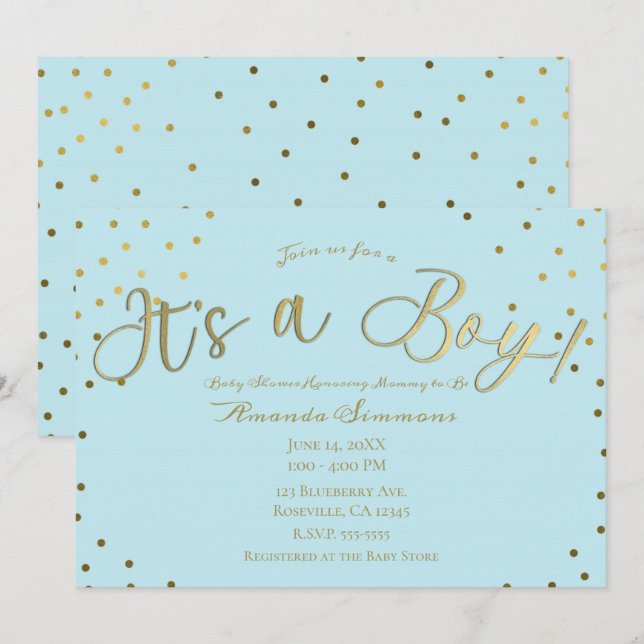 Gold & Light Blue Modern It's a Boy Baby Shower Invitation (Front/Back)