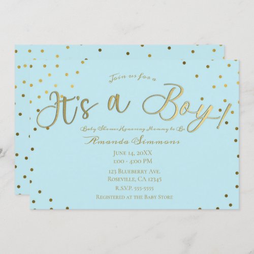 Gold  Light Blue Modern Its a Boy Baby Shower Invitation