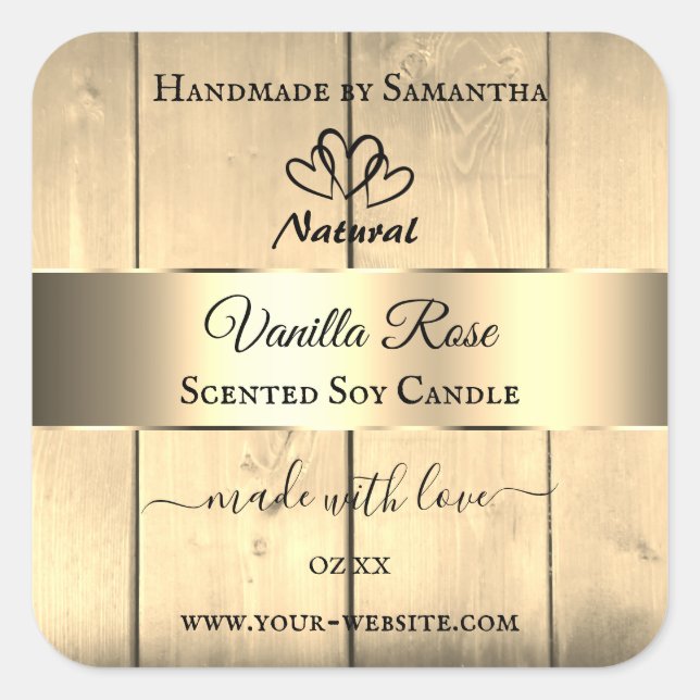 Gold Light Brown Wood Grain Product Labels Hearts (Front)