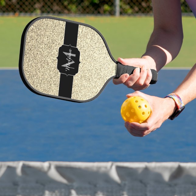 Gold light soft faux glitter sparkles Monogram Pickleball Paddle (Insitu)