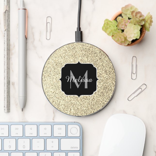 Gold light soft faux glitter sparkles Monogram Wireless Charger (Desk)