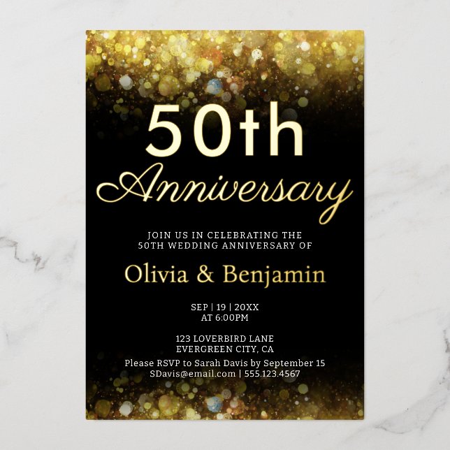 Gold Light Sparkling 50th Wedding Anniversary Foil Invitation (Front)
