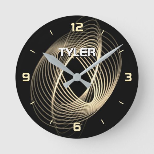 Gold Light Spiral on Black DIY Name in White Round Clock