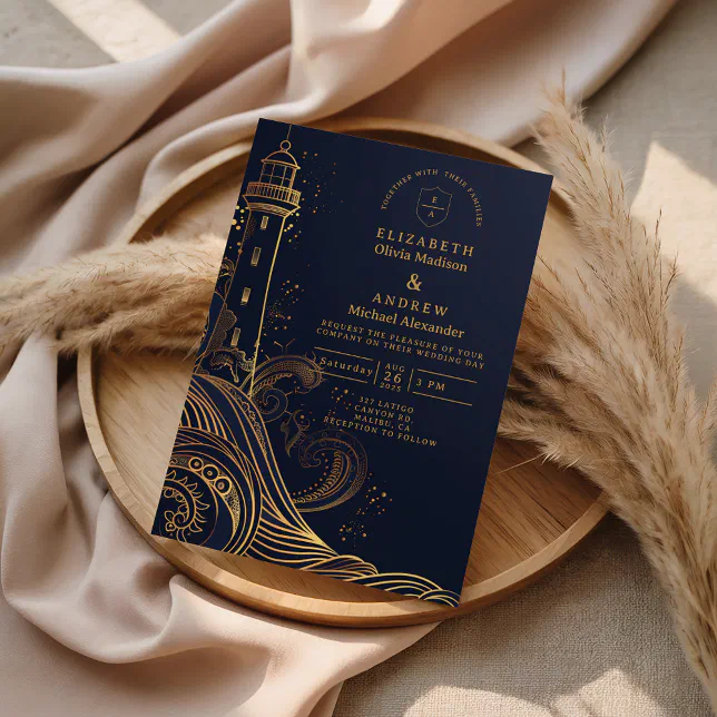 Gold Lighthouse Night Wedding Invitation | Zazzle