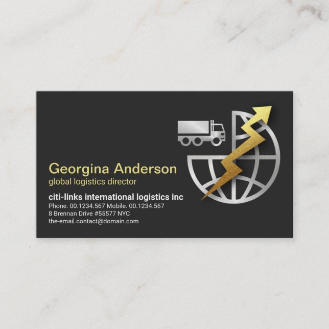 Gold Lightning Silver Globe Truck Logistics Business Card (Front)