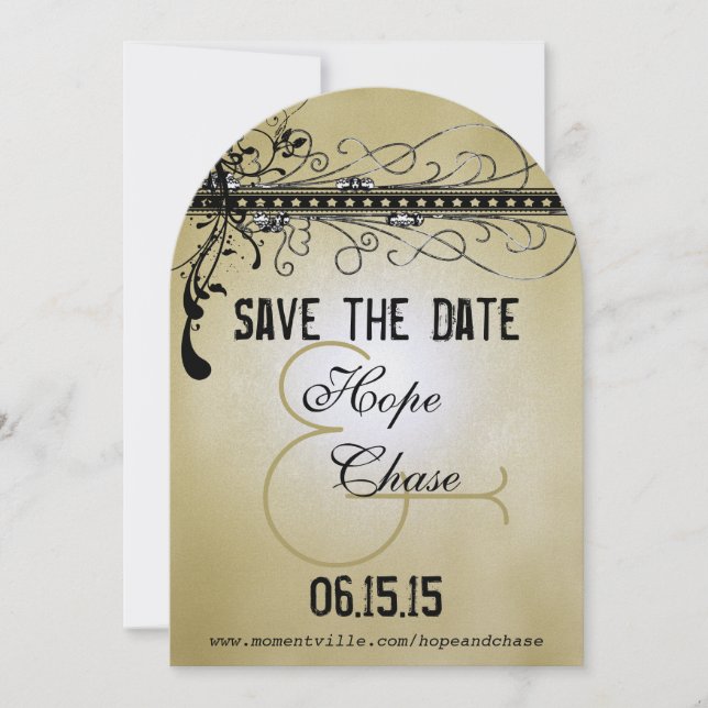 Gold Lights Black Funky Swirls Save the Date (Front)