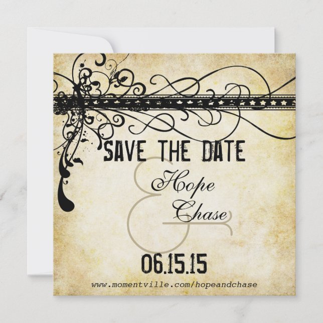 Gold Lights Burnt Black Funky Swirls Save the Date (Front)