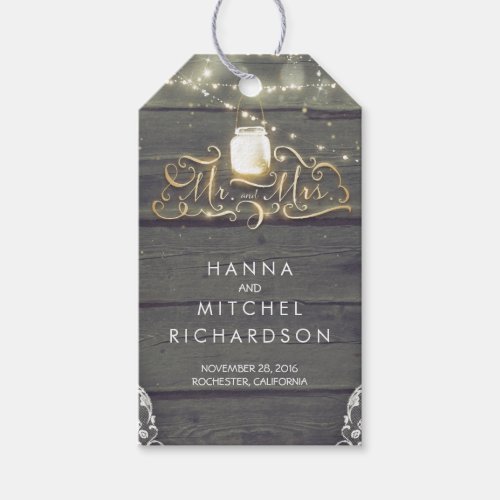 Gold Lights Mason Jar Rustic Wood Wedding Gift Tags - Rustic wood and string lights mason jar tag with gold shimmer Mr. and Mrs. typography