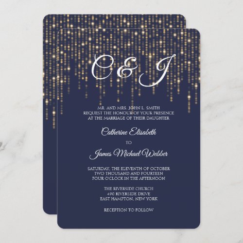 Gold Lights Midnight Blue Elegant Wedding Invitation