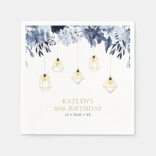 Gold Lights & Navy Blue Floral Birthday Party Napkins