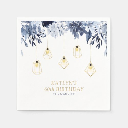 Gold Lights  Navy Blue Floral Birthday Party Napkins