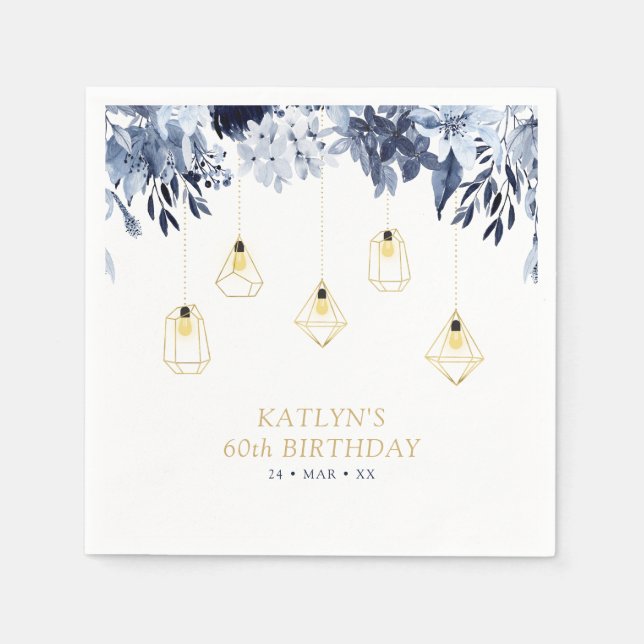 Gold Lights & Navy Blue Floral Birthday Party Napkins (Front)
