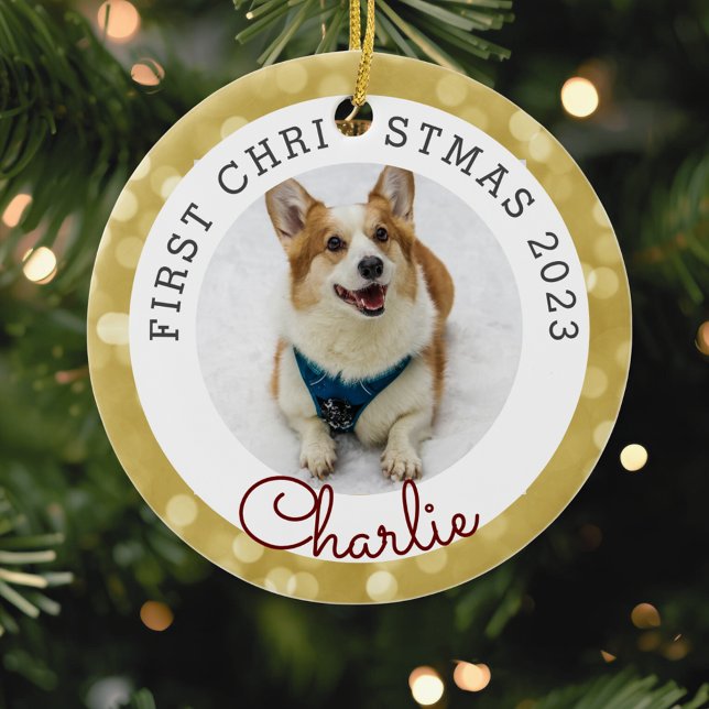 Gold Lights Pet's First Christmas Photo Ceramic Ornament (Creator Uploaded)