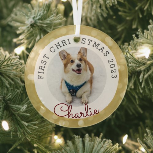 Gold Lights Pets First Christmas Photo Glass Ornament