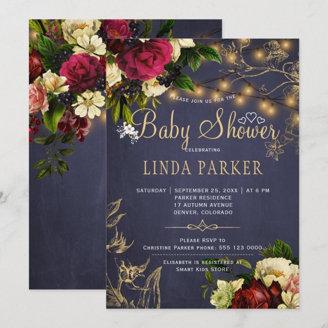 Gold lights winter rustic navy baby shower invitation (Front/Back)
