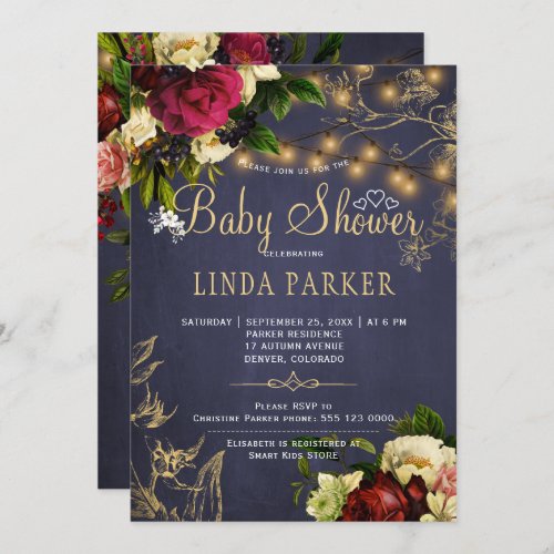 Gold lights winter rustic navy baby shower invitation