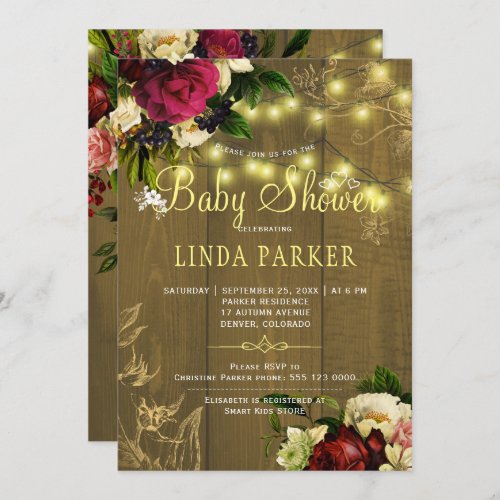 Gold lights wood floral autumn fall baby shower invitation