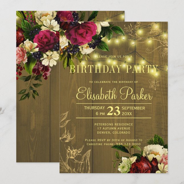 Gold lights wood floral autumn fall birthday party invitation (Front/Back)