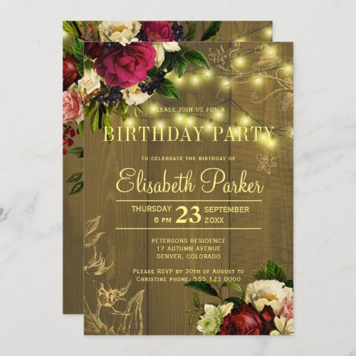 Gold lights wood floral autumn fall birthday party invitation